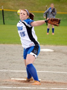 Michelle Thibeault pitched a complete game gem as the host Lake Region Rangers downed the Winooski Spartans 13-3 on Tuesday afternoon.  Thibeault didn't allow a single base runner through the first three innings while notching seven strikeouts in the game.  Kalah Poginy mans centerfield in the background. Photo by Richard Creaser