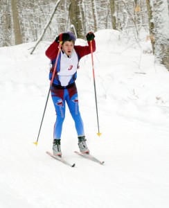 North Country Falcon Bradley Dopp digs deep as he races toward the finish line during the Friday, December 28 Nordic ski meet at Mount Hor in Westmore. Dopp would complete the course in 23:22. Photo by Richard Creaser
