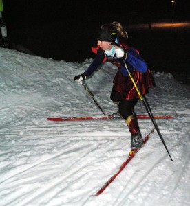 On a night of costumed mayhem Lamoille Union's Kelly Kryzak was one of two caped champions to tackle the quirky Nordic track at North Country's night relays in Craftsbury.  Kryzak's race partner, Clare Salerno, was the second Supergirl.