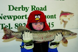 Masyn Harvey of Orleans struggles to hold up this whopper.  He caught it in Lake Memphremagog on Saturday.  Photo by David Dudley