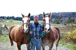 Doug Conley of Glover with Dan and King, his winning free-for-all team.  Mr. Conley was recently inducted into the New England Pony Pullers Hall of Fame.   Photo by Tena Starr