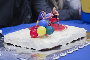 Long-time wish-granter Judy Moulton baked a chocolate cake topped with wrestling figurines (pictured here) for Xavier’s event.