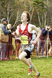 Sam Brunnette approaches the finish line in Thetford, where he won the Vermont state cross-country championship Saturday.  Photo by Christina Cotnoir