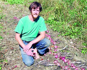 Andy Paonessa at one of his farm fields.  Last week someone stole about 1,000 pounds of onions and shallots from him and his soon-to-be wife, Meghan Stotko.  Photo by Tena Starr