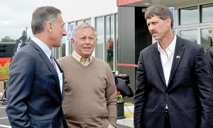 At the opening of the new Louis Garneau factory in August Governor Peter Shumlin (left) got an earful from Senators John Rodgers (right) and Robert Starr about tax problems experienced by people in Orleans County.  Photo by Joseph Gresser