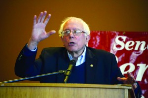 Senator Bernie Sanders makes a point during a community meeting at Lyndon State College Monday afternoon.  Photo by Joseph Gresser