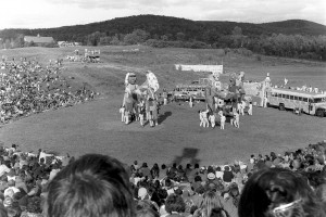 Pictured is a scene from a Bread and Puppet circus which ran in the Chronicle on September 1, 1982.  The caption read, “Giant washerwoman and garbage man puppets performed a square dance just before the grand finale of this year’s Bread and Puppet circus in Glover on Saturday and Sunday.”  Photo by Jim Doyle