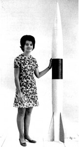 This model can be seen in photos at the Bull exhibit in Sutton.  She is posing here with a Martlet missile of the sort fired to very high altitudes from a Space Research cannon.  This photo is taken from a book, co-authored by Gerald Bull, which discusses a German cannon used to shell Paris in the final months of the First World War, from a distance of 75 miles.  Such a gun in Barton could shell Burlington International Airport.  