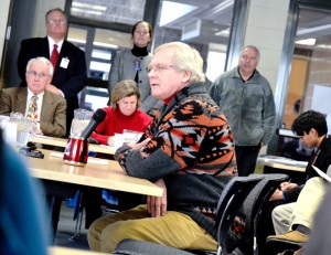 Bill Stenger, president of Jay Peak Resort, testifies before the combined forces of the House Commerce and Economic Development Committee and the Transportation Committee Tuesday at North Country Career Center in Newport.  Photo by Joseph Gresser
