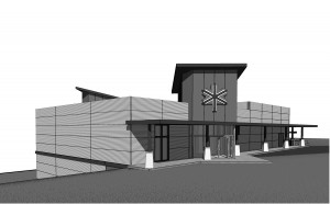 Jay Peak Resort hopes to build this recreation center on the ski area’s Stateside.  The front entrance is planned to be 14 feet tall and face the Stateside parking area.  The back wall of the metal-faced building would be 22 feet tall and face Route 242.  Inside, the proposed center would have climbing walls, a movie theater, arcade games, and a horizontal ropes course.  Image courtesy of Jay Peak Resort