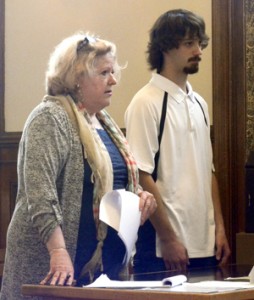 Colton Chenard pleads innocent to four felony charges of promoting sexual recording Monday.  With him was his lawyer, Gertrude Miller.  Photo by Joseph Gresser