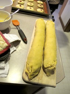 These two logs of fig cookie filling wrapped in pastry dough are ready to be cut into fun shapes.